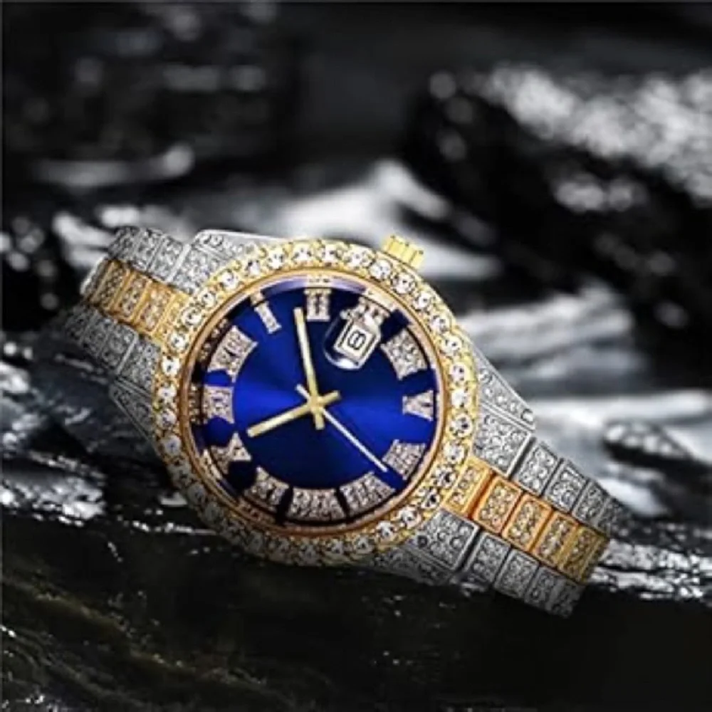 Luxury Hip Hop Two-Tone w/Blue Face Men Watch